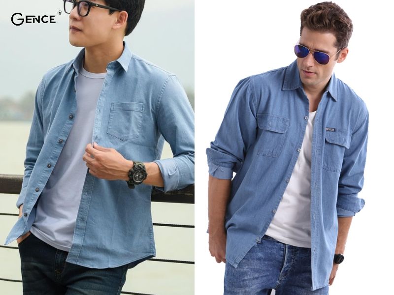 Mix áo thun, áo sơ mi khoác ngoài cùng quần jean