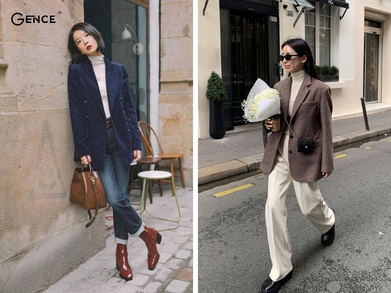 Mix áo thun cổ lọ với blazer nữ