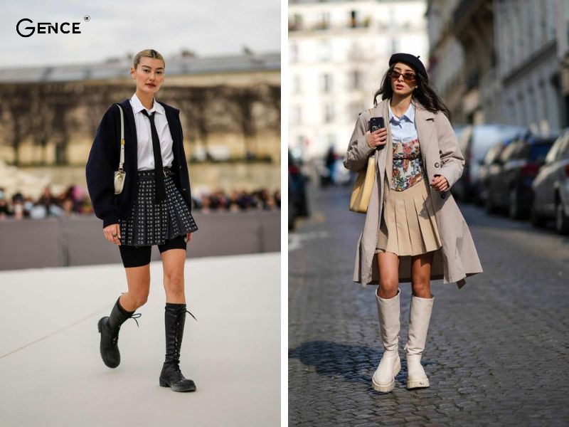 Năng động khi kết hợp chân váy tennis với boot đùi nữ