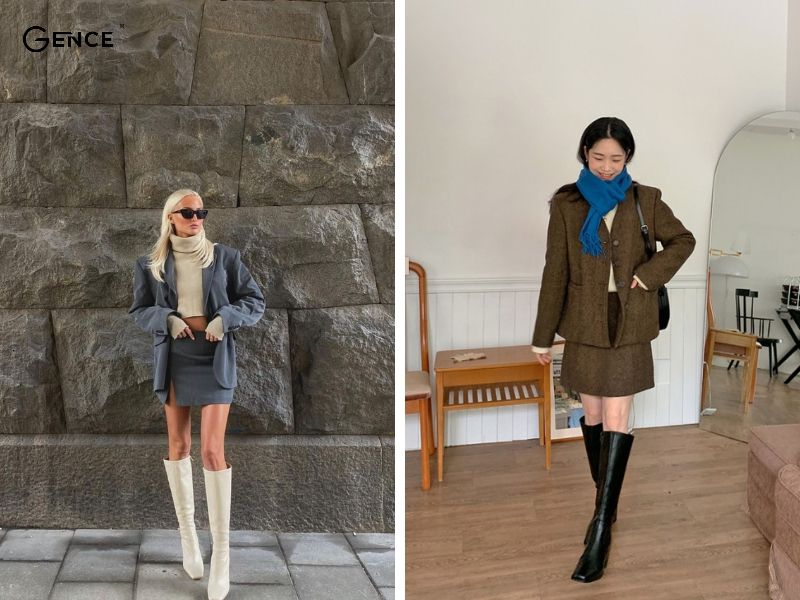Blazer thanh lịch và boot đùi cho nữ