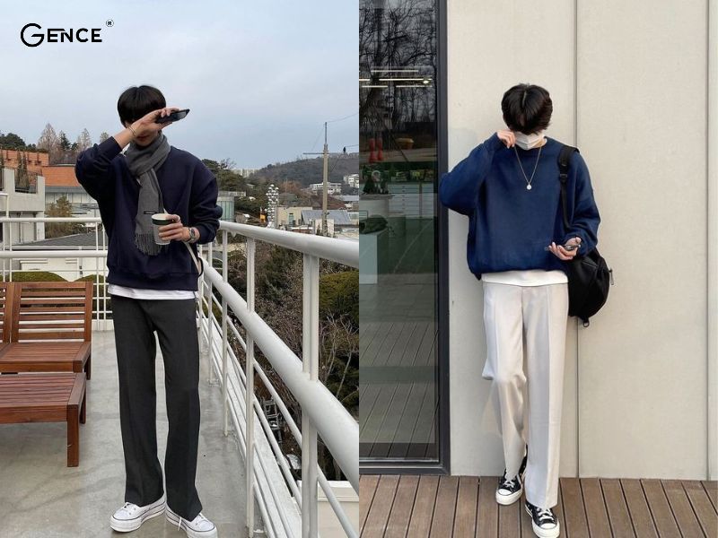 Mix giày converse nam cùng áo sweater, quần ống suông