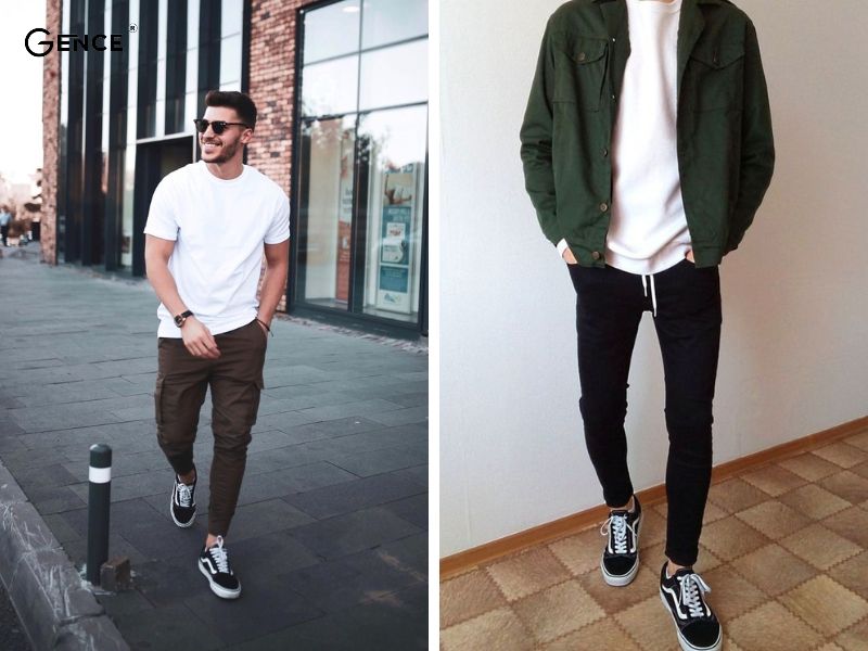 Mix giày vans nam cùng áo phông, quần kaki