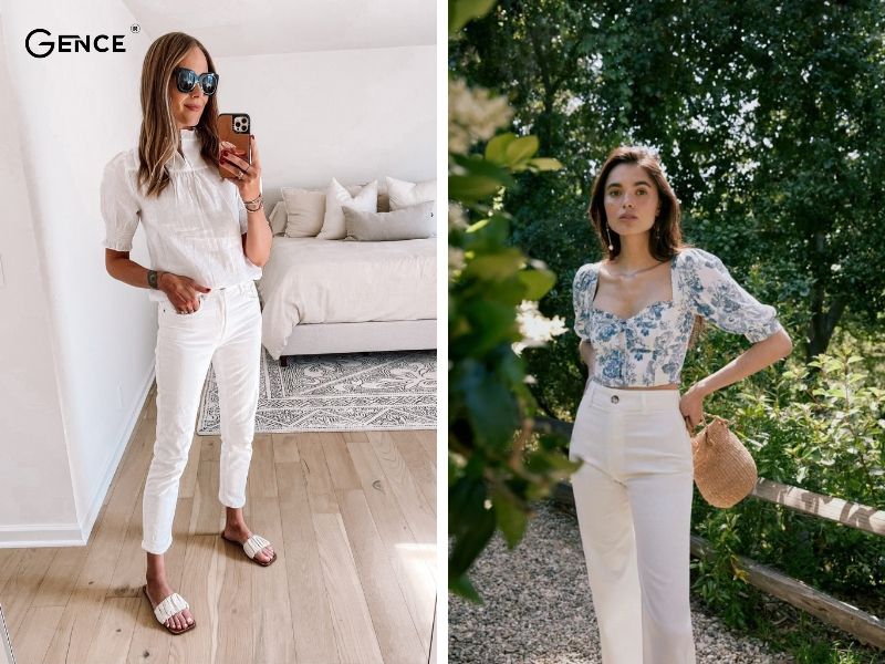 Mix quần jean trắng cùng áo blouse