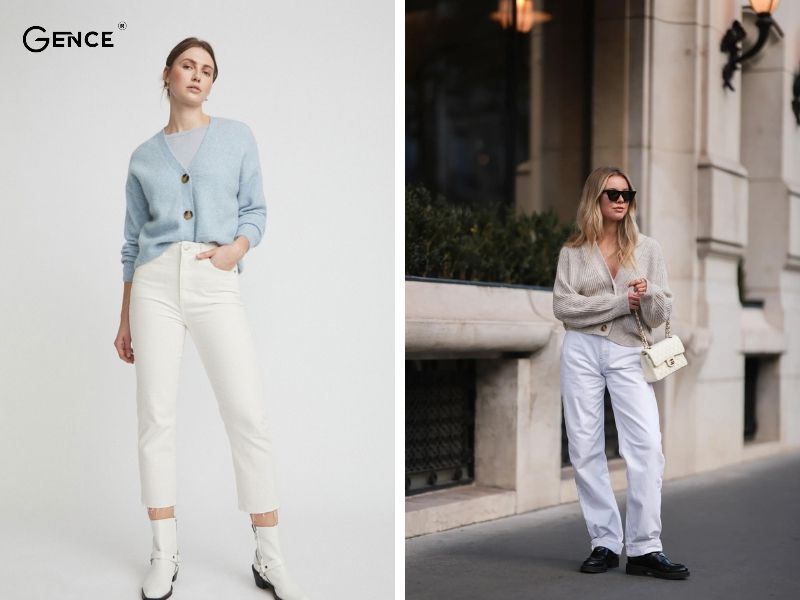 Phối áo cardigan với quần jean trắng nữ