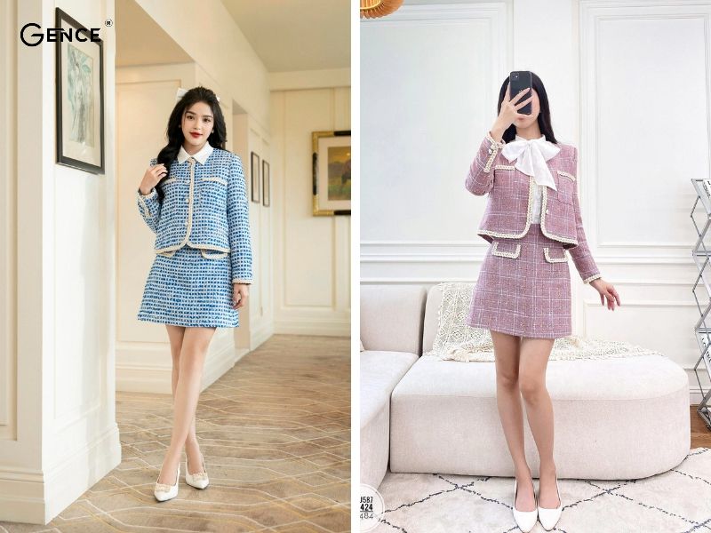 Mix-match chân váy chữ A và áo dạ tweed tinh tế