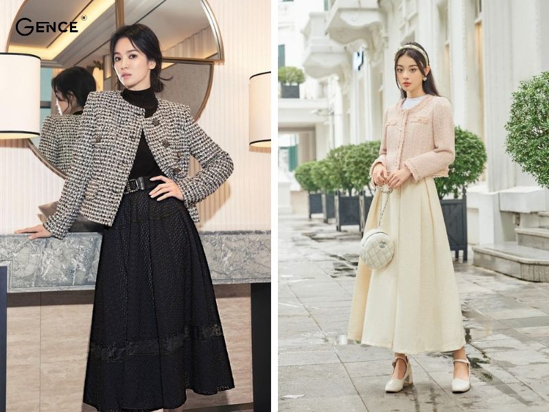 Đơn giản mà vẫn cuốn hút cùng áo dạ tweed và váy liền thân