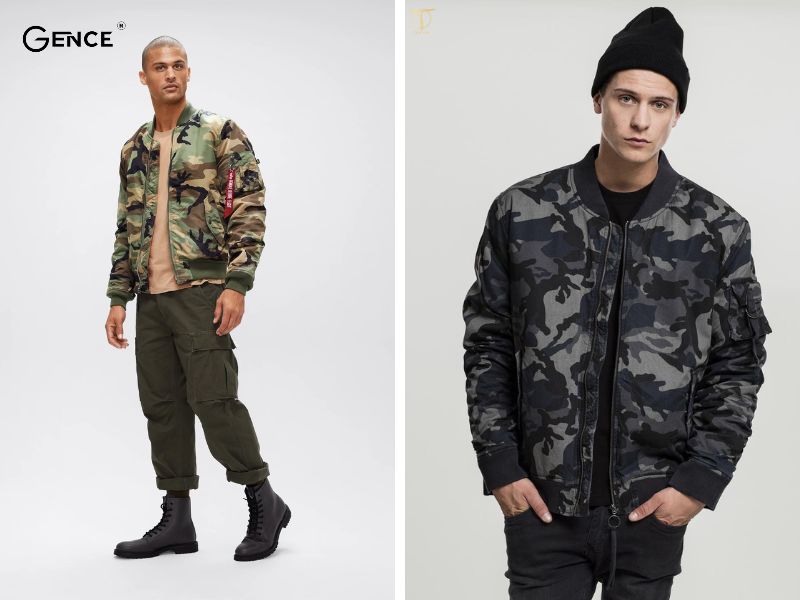 Phối áo sơ mi, áo len mỏng cùng áo khoác camo