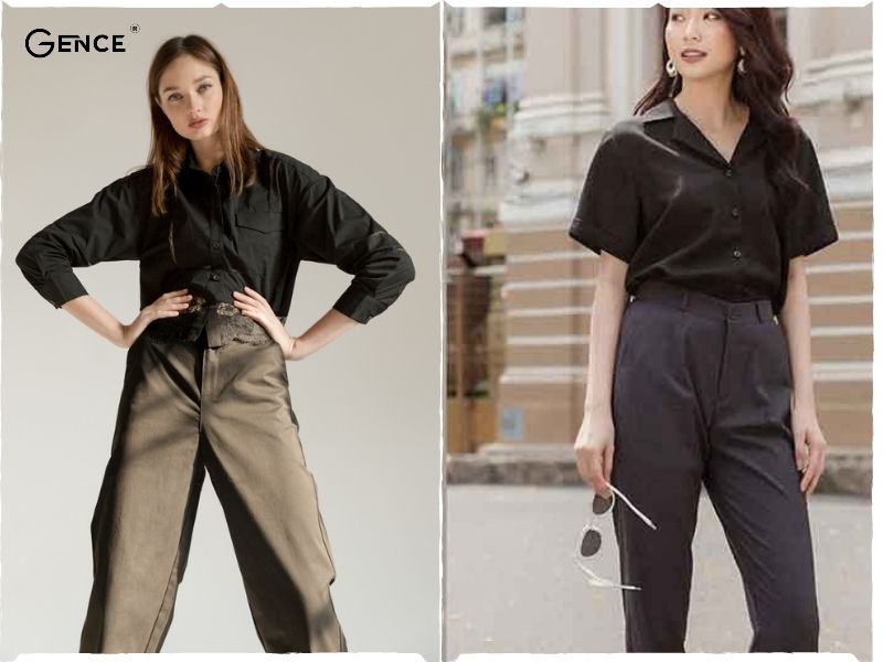 Phối áo sơ mi đen nữ cùng quần kaki