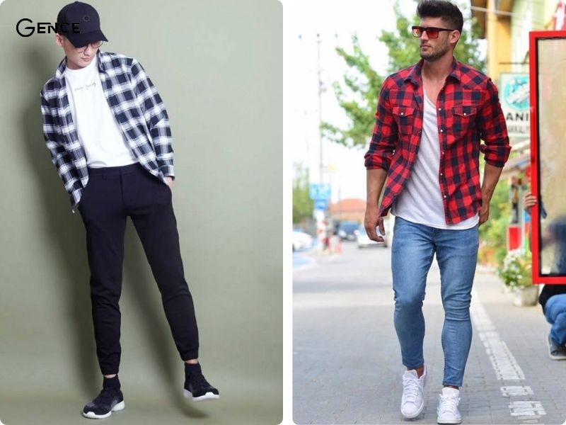 Xuống phố năng động cùng outfit áo thun trơn, sơ mi caro