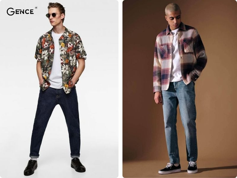 Áo sơ mi họa tiết khoác ngoài áo thun trơn làm nổi bật outfit