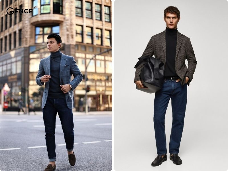 Phối áo vest nam, quần jean và áo cổ lọ giữ ấm hiệu quả