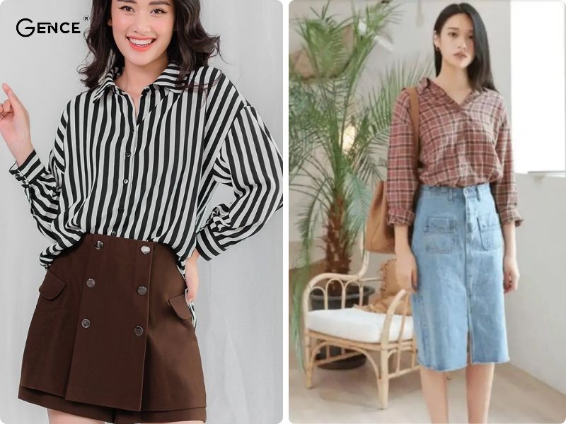Phối đồ cùng chân váy chữ A và áo sơ mi kẻ sành điệu
