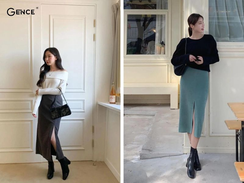 Đi chơi noel với outfit chân váy xẻ tà và áo len