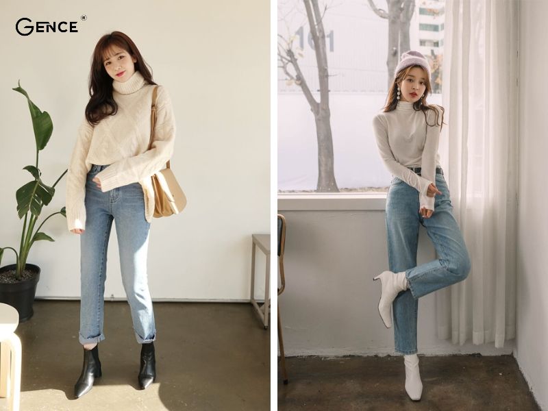 Phối đồ đi chơi noel với quần jean và áo len cổ lọ