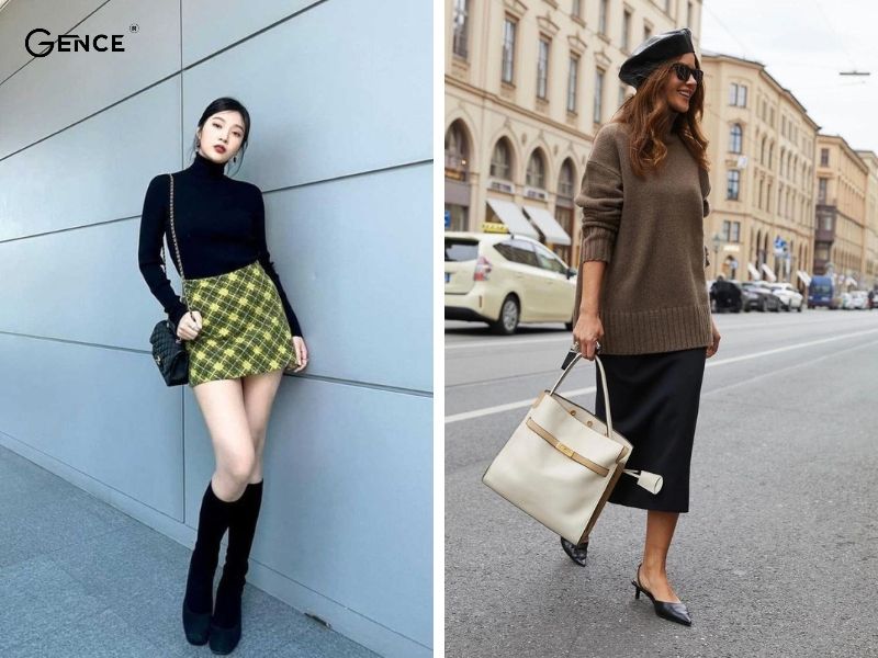 Chân váy bút chì và áo len cao cổ năng động, trẻ trung