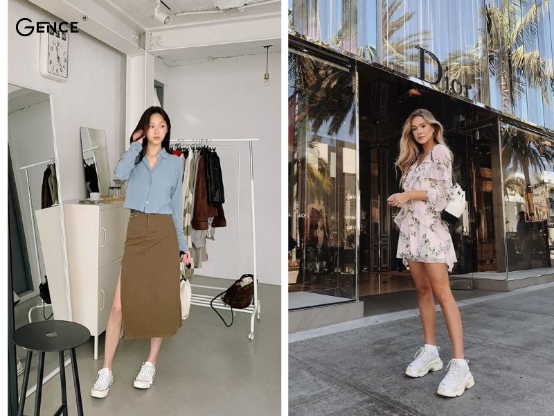 Nữ tính khi diện chân váy với sneaker ngày Tết