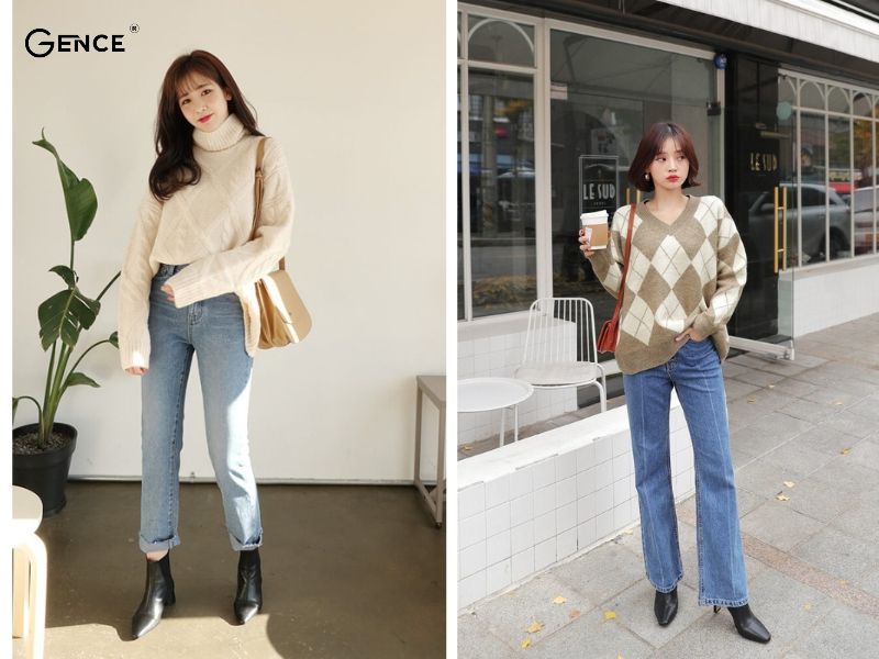 Phối đồ đi chơi tết cho học sinh cấp 3 với áo len kiểu và quần jean