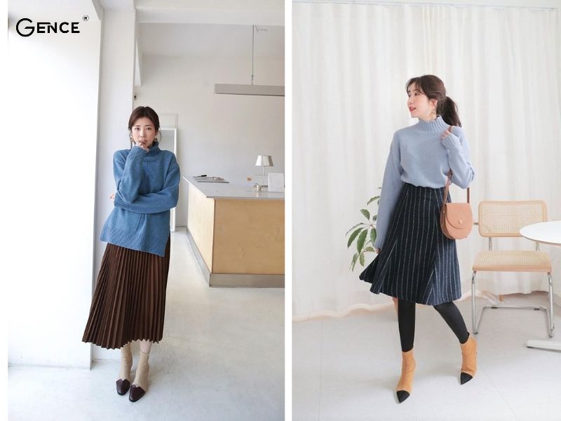 Giữ ấm cơ thể với áo len cổ lọ và chân váy dài