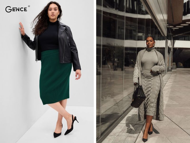 Áo cổ lọ kết hợp với chân váy điệu đà