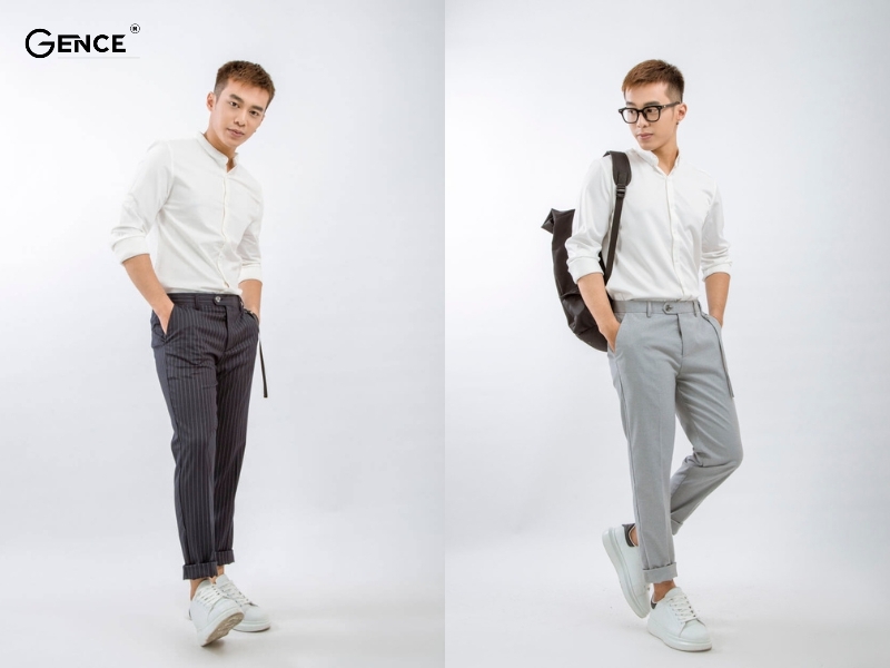 Phối đồ nam áo sơ mi trắng với quần Chinos nổi bật trước đám đông