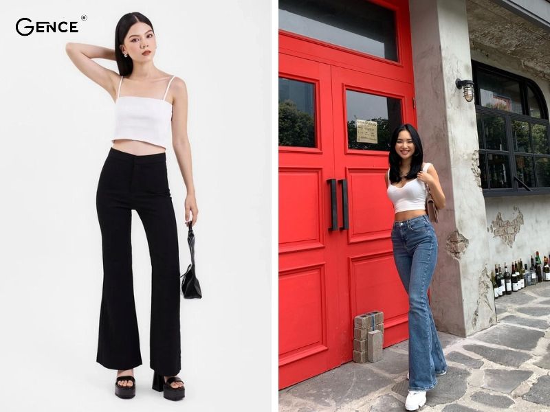 Cách phối đồ nữ cá tính đi chơi với áo hai dây và quần ống loe