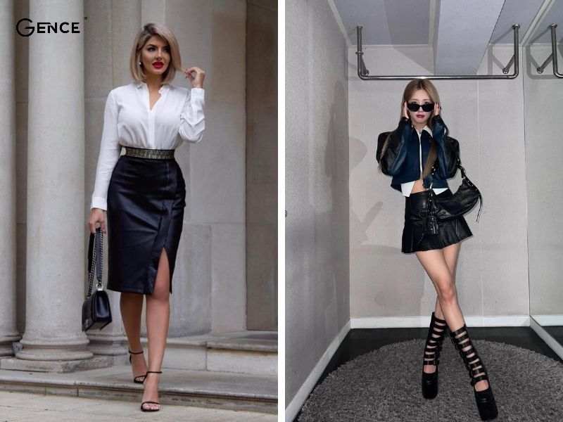 Chân váy da bóng mix với sơ mi