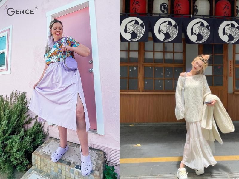 Phối đồ nữ cùng dép crocs và chân váy midi xòe