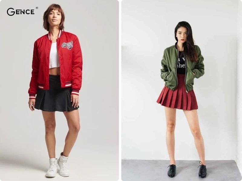 Mặc chân váy ngắn và áo bomber thể hiện cá tính mạnh mẽ