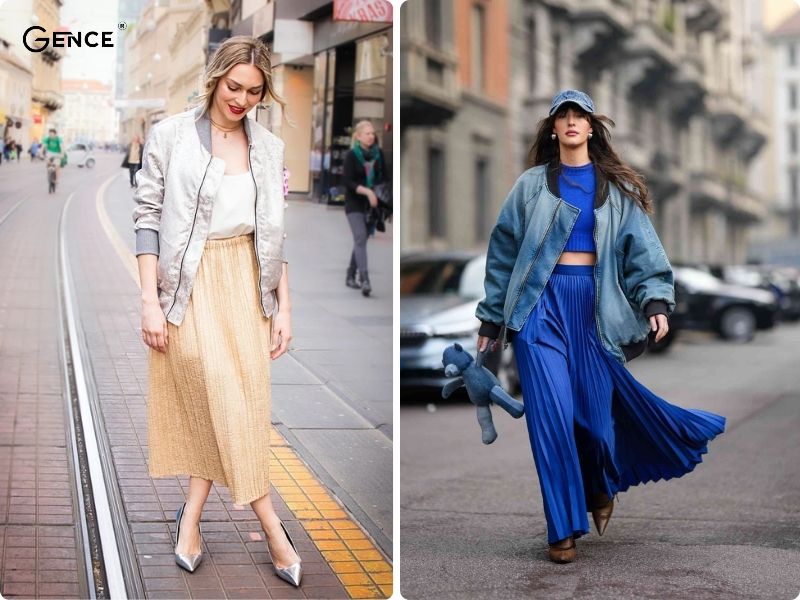 Diện áo bomber nữ và váy suông che khuyết điểm ở chân hiệu quả