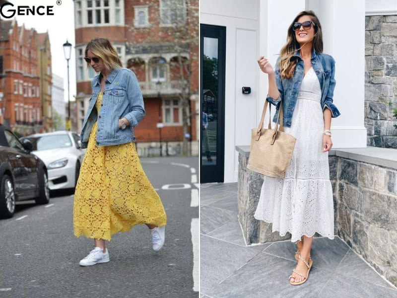 Kết hợp áo khoác jean với váy hoa nhiều họa tiết