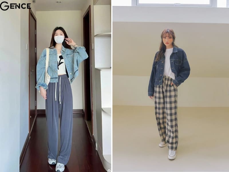 Đơn giản, úng dụng hằng ngà với áo khoác jean với quần thun dài