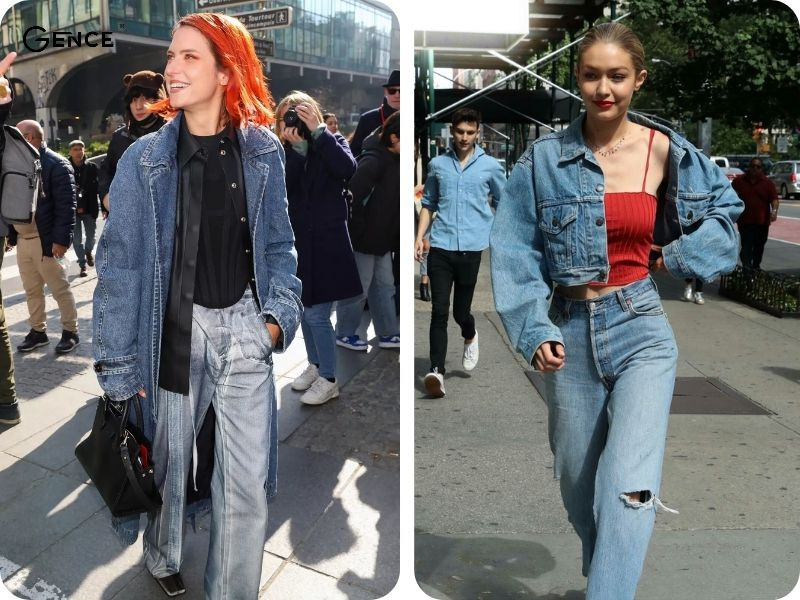Style phóng khoáng cùng áo khoác jean và quần ống suông jean