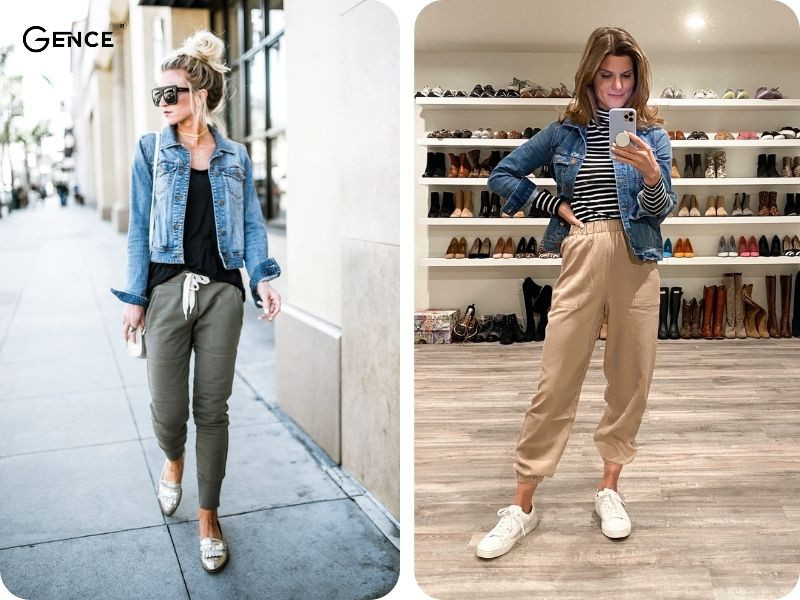 Quần jogger phối cùng áo khoác jean nữ