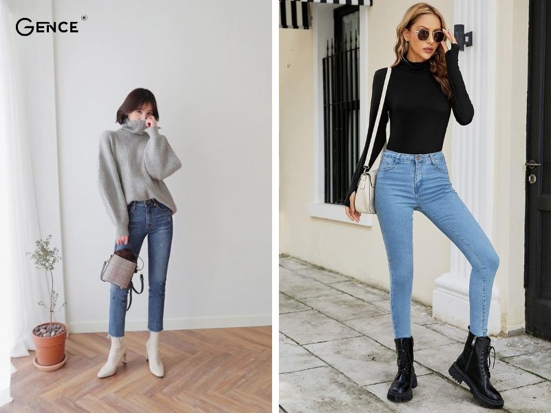 Phối đồ với áo len cổ lọ nữ cùng quần skinny