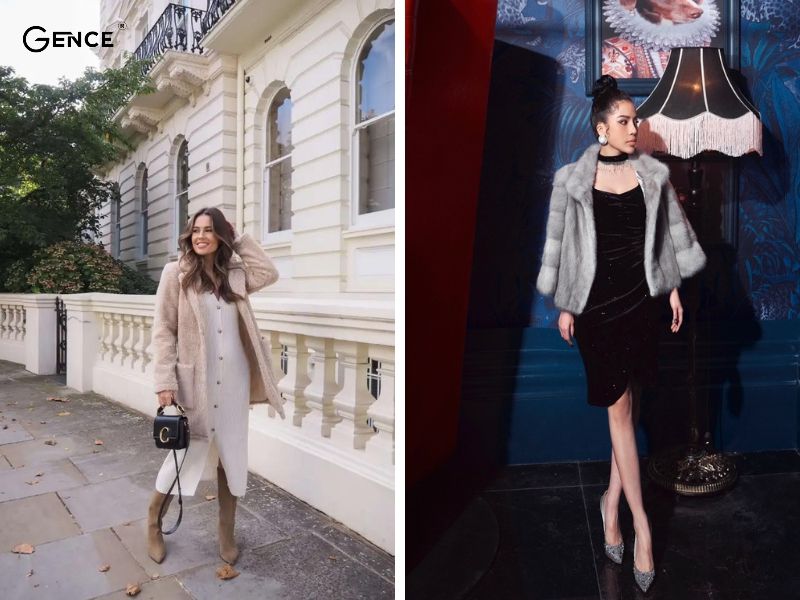 Váy liền thân kết hợp với áo khoác lông ngắn