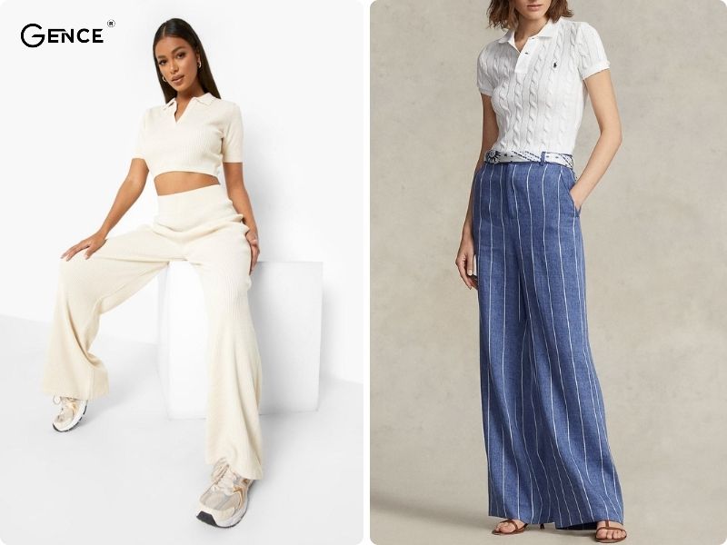 Phối áo polo nữ cùng quần vải ống rộng thanh lịch