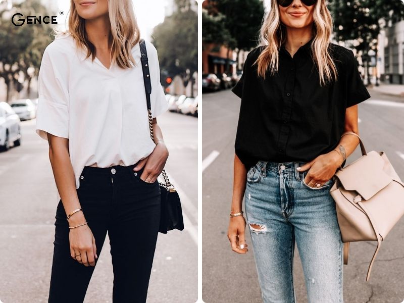 Quần jean phối áo sơ mi ngắn tay nữ trẻ trung, cá tính