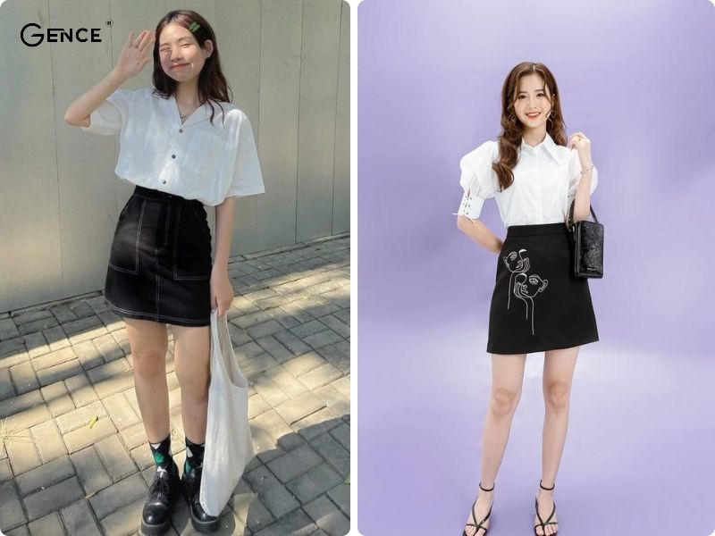 Outfit áo sơ mi ngắn tay và chân váy chữ A phù hợp nhiều kiểu giày