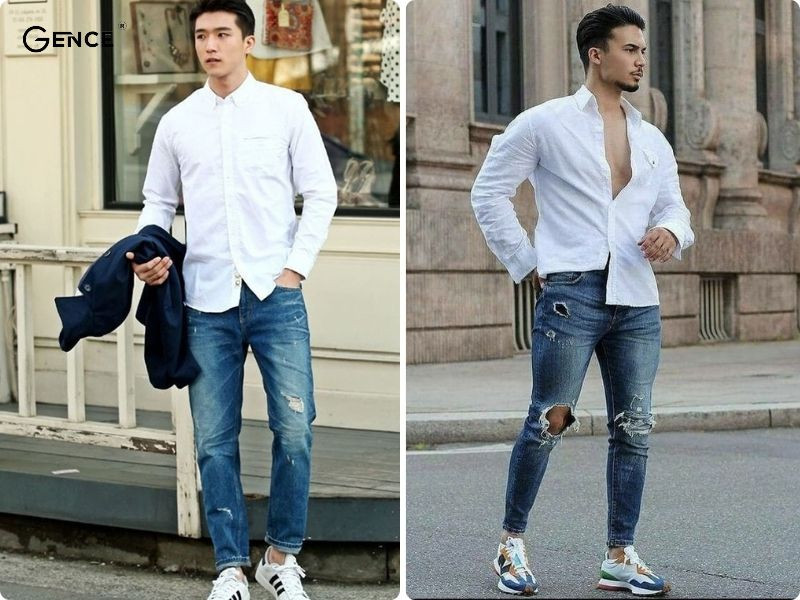 Outfit áo sơ mi và quần jean thể hiện sự năng động và thu hút