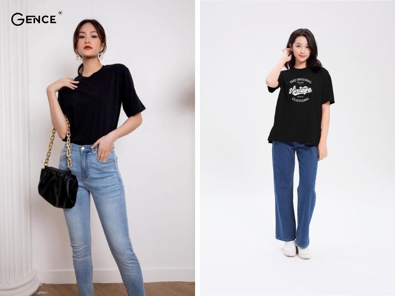 Phối đồ với áo thun đen nữ kết hợp quần jeans