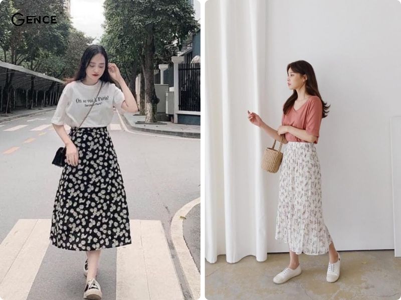 Áo thun phối chân váy hoa nhí thể hiện sự thanh lịch