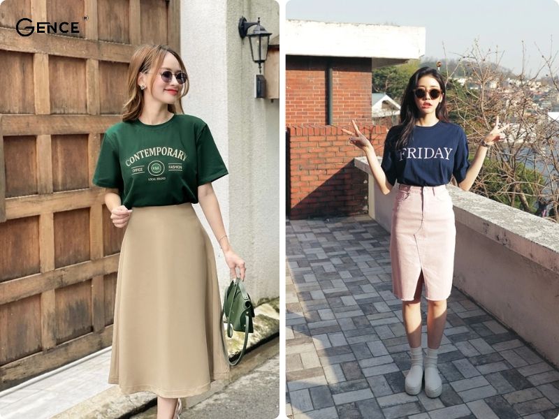 Phối đồ cùng áo thun nữ và chân váy chữ A