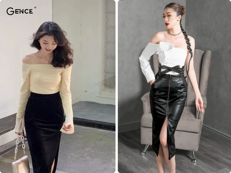 Phối áo trễ vai cùng chân váy bút chì thể hiện cá tính thời trang