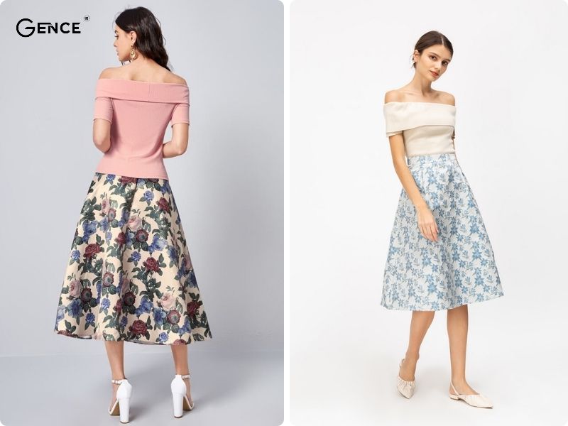 Chân váy hoa phối cùng áo trễ vai nữ tính