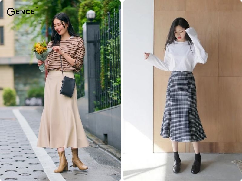 Phối áo thun dài tay cùng chân váy đuôi cá