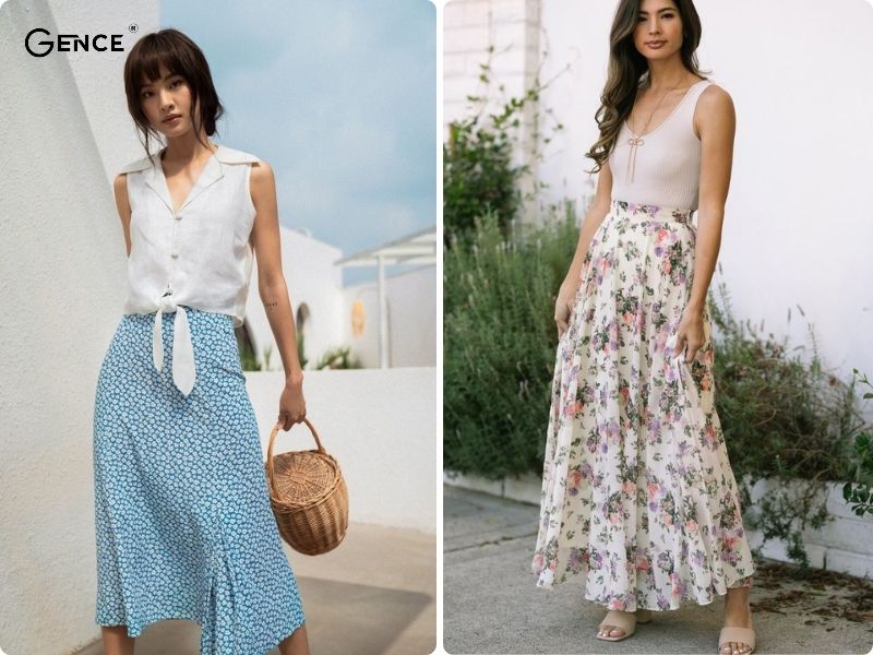 Phối váy hoa nhí với áo sát nách thể hiện sự cuốn hút