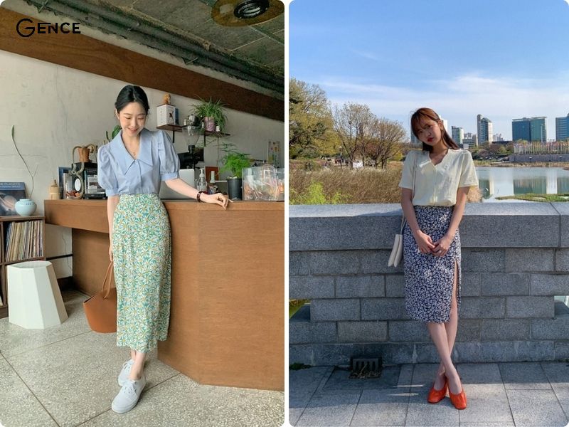Phối đồ với chân váy hoa nhí áo blouse nữ tính, dịu dàng