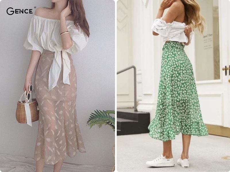 Phối đồ với chân váy hoa nhí kết hợp với áo trễ vai duyên dáng