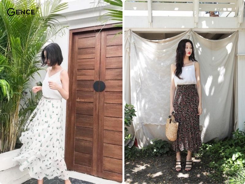 Phối đồ với chân váy hoa nhí với áo hai dây xinh đẹp