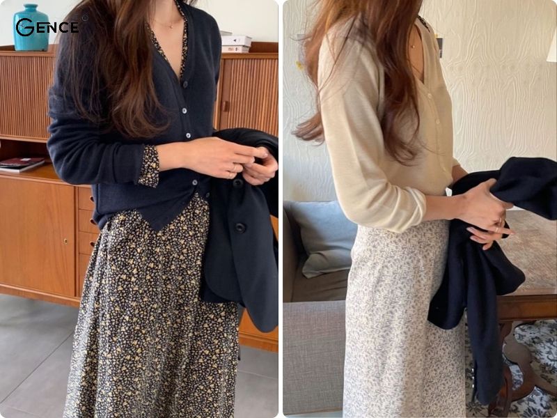 Phối đồ với chân váy hoa nhí kết hợp với áo khoác cardigan